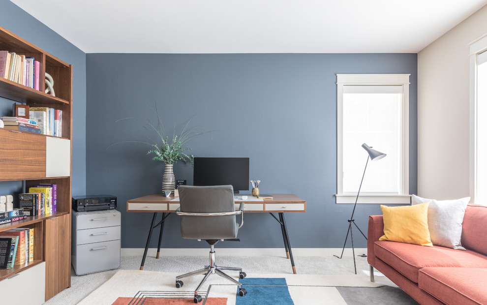 Study room - mid-sized transitional freestanding desk carpeted and beige floor study room idea in Seattle with beige walls and no fireplace