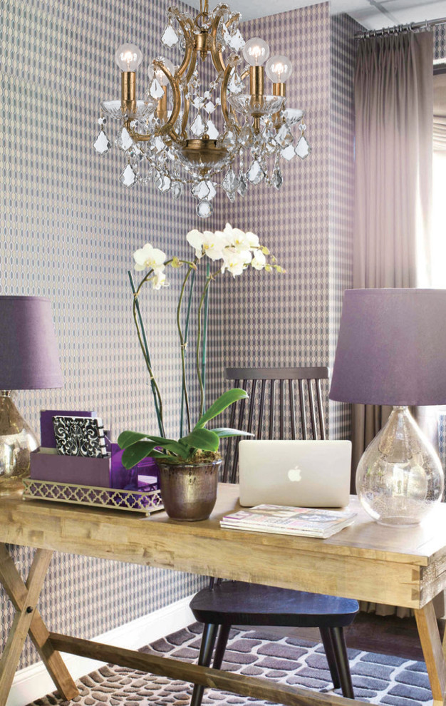 This is an example of a medium sized classic home office in New York with purple walls, carpet and a built-in desk.