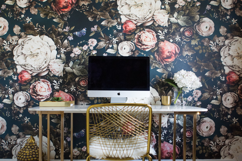 Example of a mid-sized trendy freestanding desk study room design in Toronto with multicolored walls
