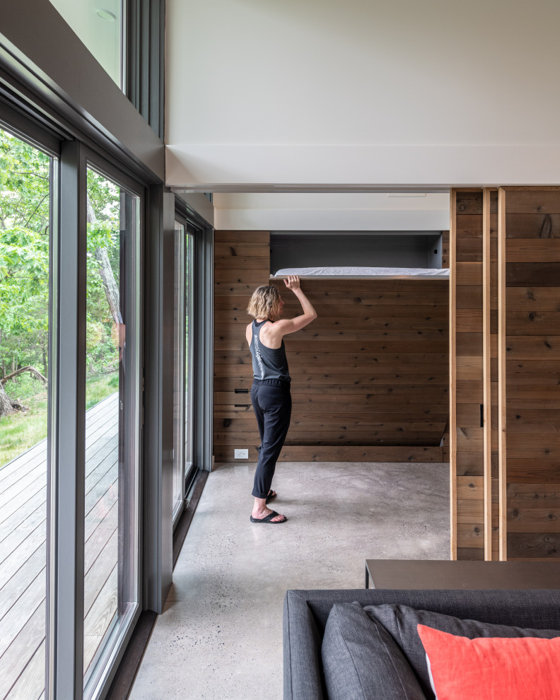 Источник вдохновения для домашнего уюта: маленький кабинет в стиле модернизм с бетонным полом, фасадом камина из бетона и серым полом для на участке и в саду