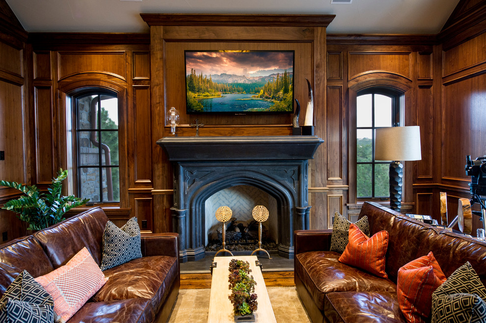 Large mountain style freestanding desk medium tone wood floor study room photo in Denver
