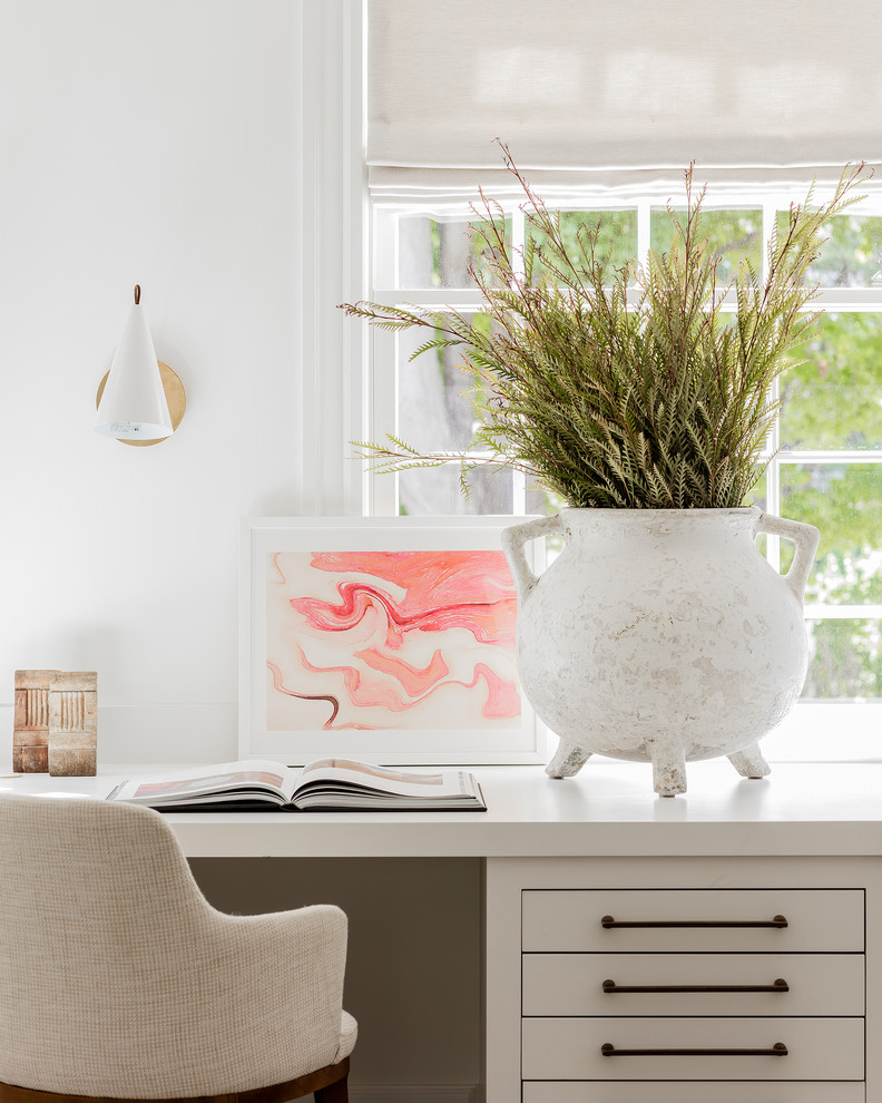 Study room - transitional built-in desk light wood floor and gray floor study room idea with white walls