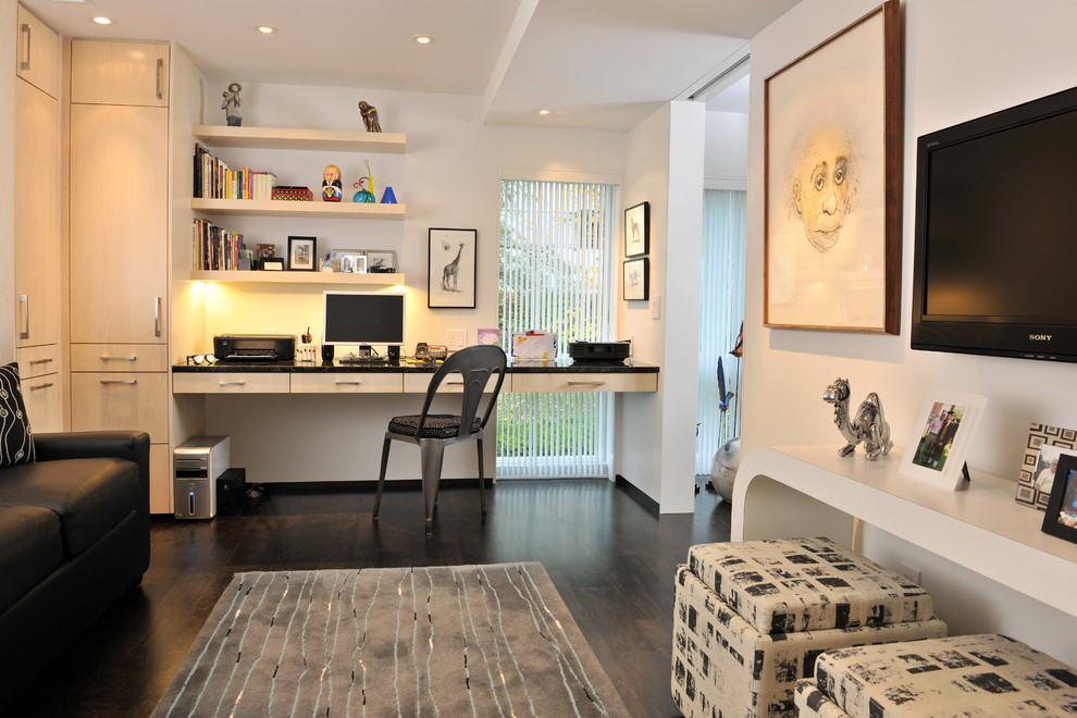 Trendy built-in desk dark wood floor home office photo in Other with white walls and no fireplace