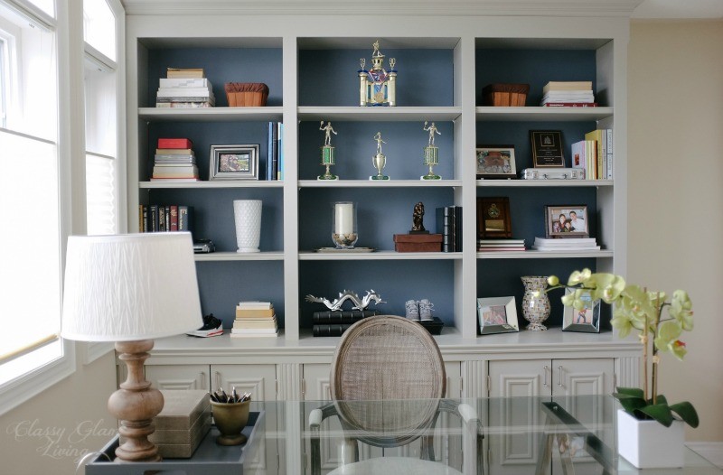 Gray Builtin Bookcase in Home Office Traditional Home Office