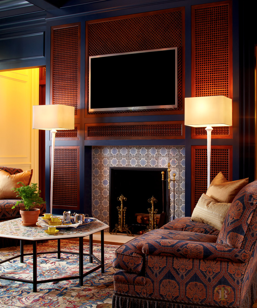 Example of a classic home office design in New York with a standard fireplace and a tile fireplace