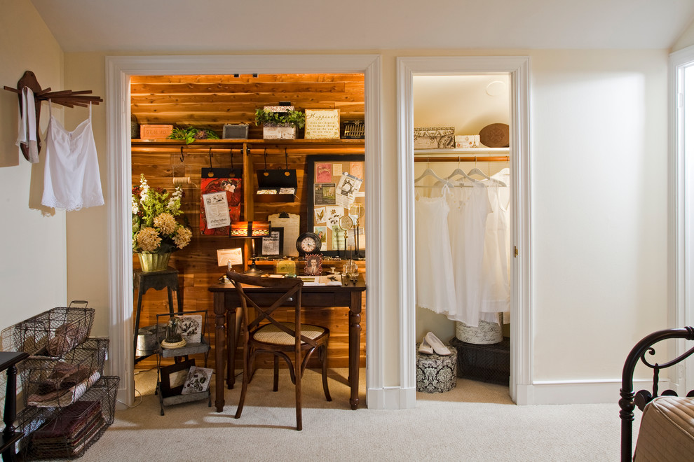 Example of a small cottage chic freestanding desk carpeted study room design in Philadelphia