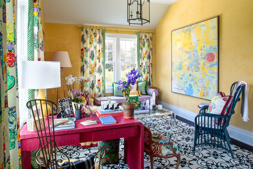 Large eclectic study in Miami with yellow walls, dark hardwood flooring, no fireplace, a freestanding desk and multi-coloured floors.