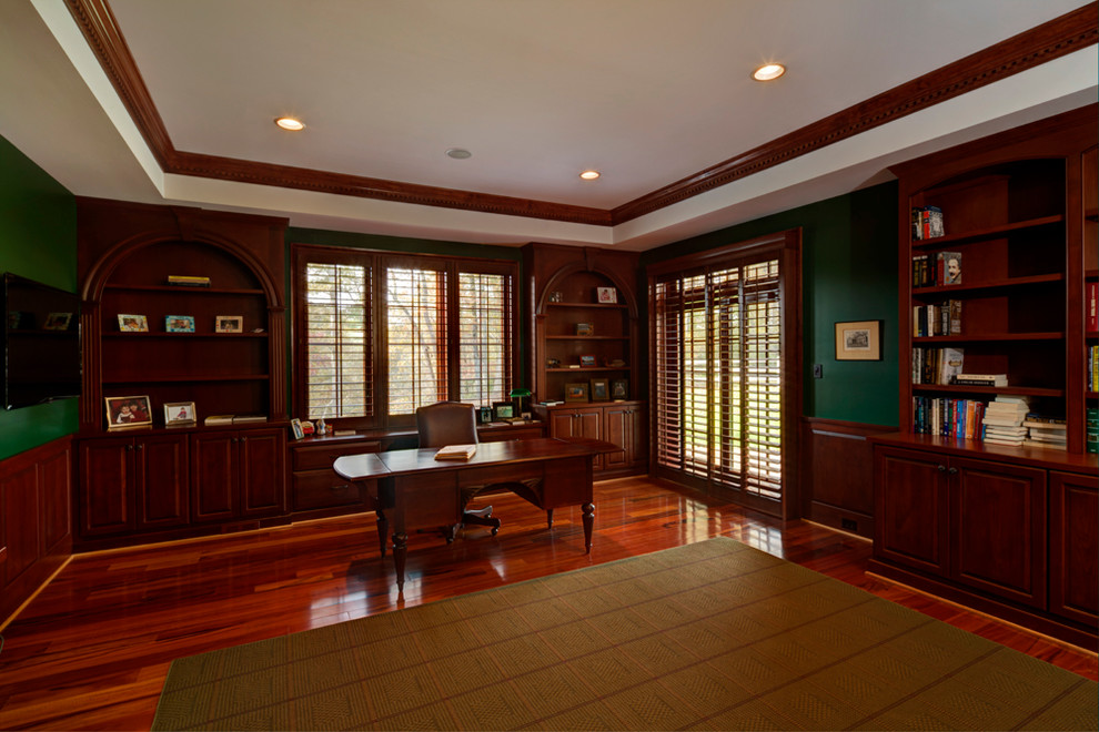 Large elegant freestanding desk dark wood floor study room photo in Richmond with green walls and no fireplace