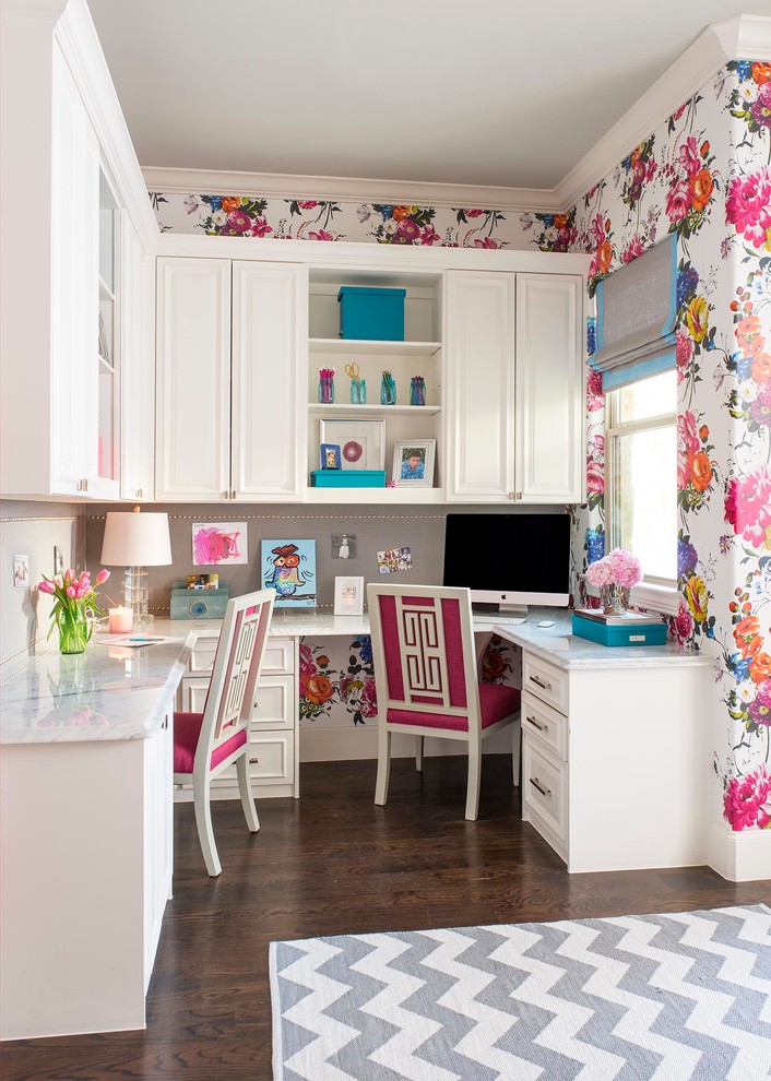 Design ideas for a classic study in Dallas with multi-coloured walls, dark hardwood flooring and a built-in desk.