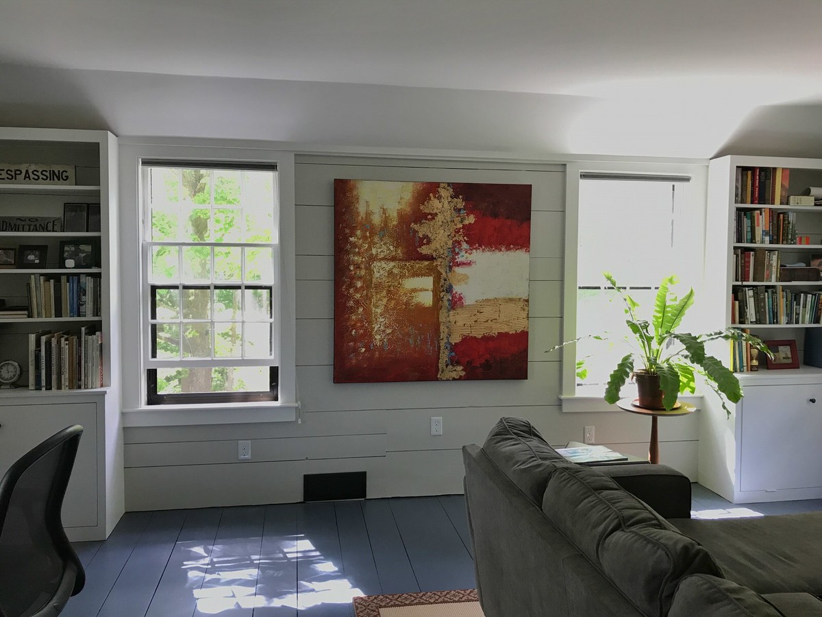 Photo of a medium sized classic study in Boston with grey walls, painted wood flooring, a freestanding desk and blue floors.
