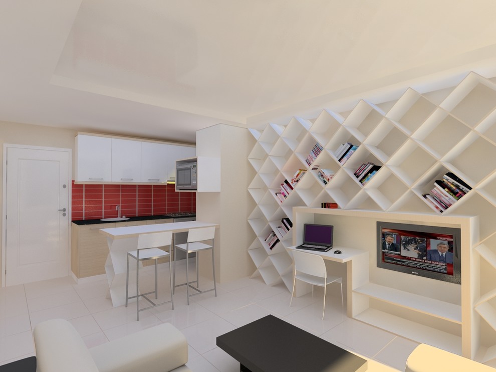 Imagen de despacho moderno de tamaño medio con paredes blancas, suelo de baldosas de cerámica y escritorio empotrado