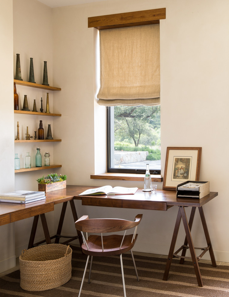 Cottage carpeted home office photo in San Francisco with white walls