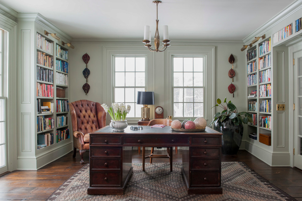 Example of a classic home office design in Bridgeport with gray walls