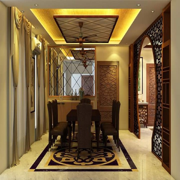 Großes Asiatisches Esszimmer mit grauer Wandfarbe, Backsteinboden, Eckkamin, Kaminumrandung aus Metall und gelbem Boden in Sonstige