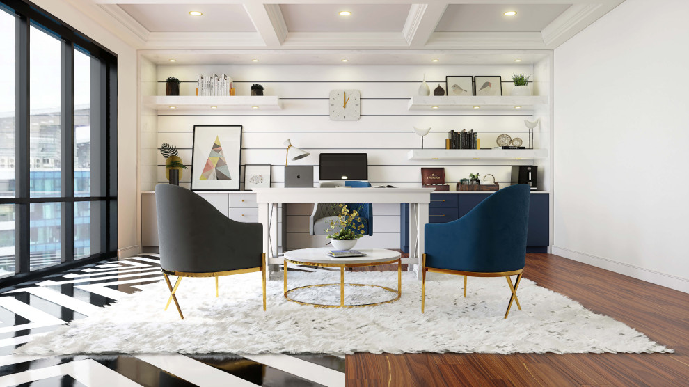 Mittelgroßes Modernes Arbeitszimmer mit Studio, weißer Wandfarbe, freistehendem Schreibtisch, Kassettendecke und Ziegelwänden in New York