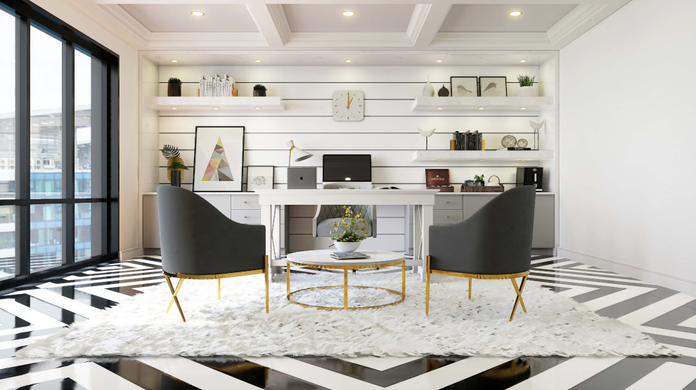 Inspiration for a mid-sized modern freestanding desk marble floor, black floor, coffered ceiling and brick wall home studio remodel in New York with white walls and no fireplace