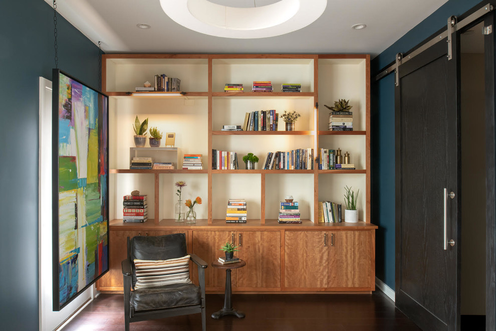 Идея дизайна: кабинет в современном стиле с синими стенами