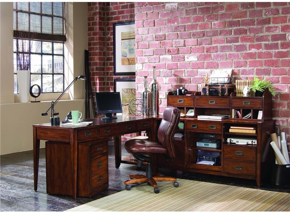 Mid-sized urban freestanding desk dark wood floor study room photo in Other with red walls and no fireplace
