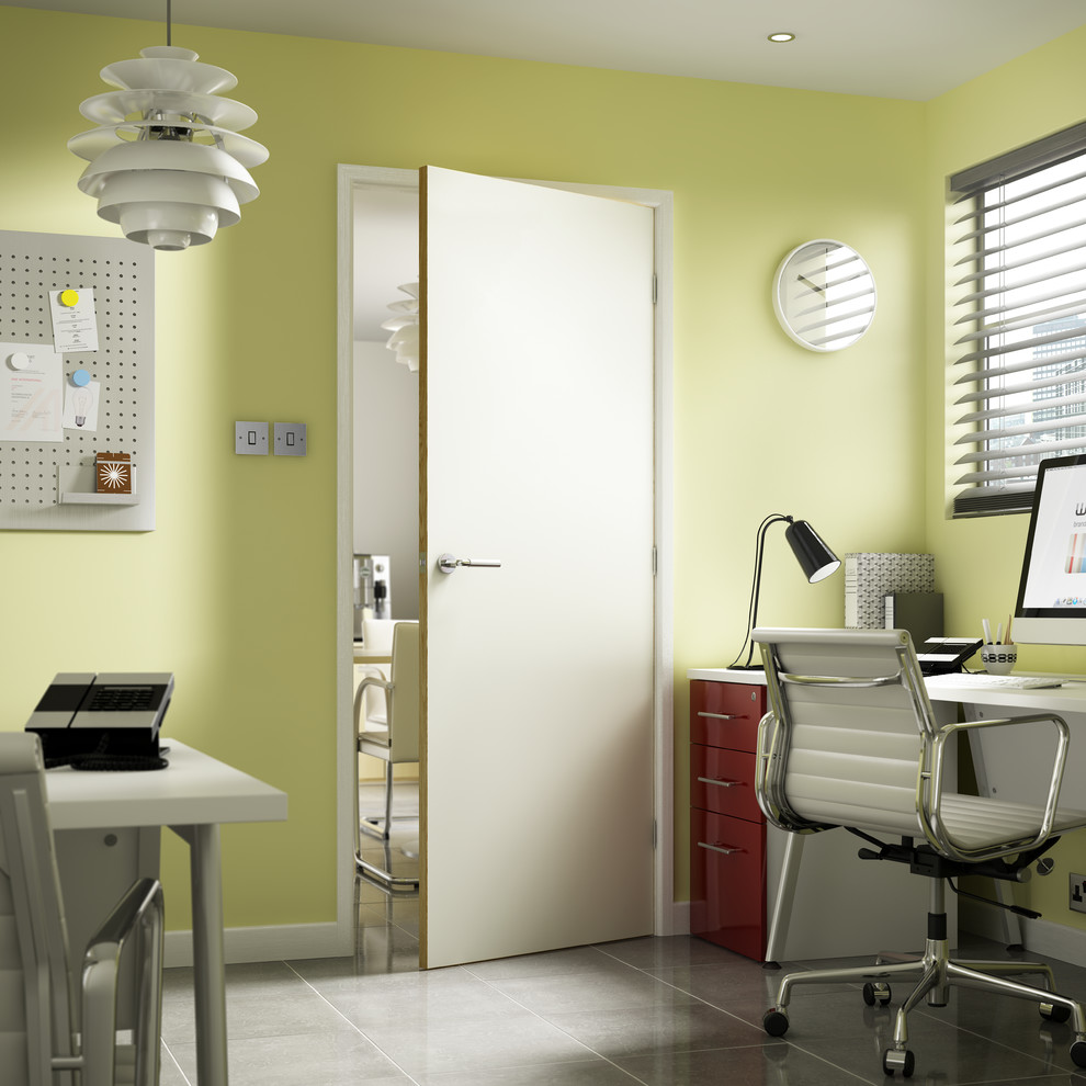 Contemporary home office in Other with green walls and ceramic flooring.