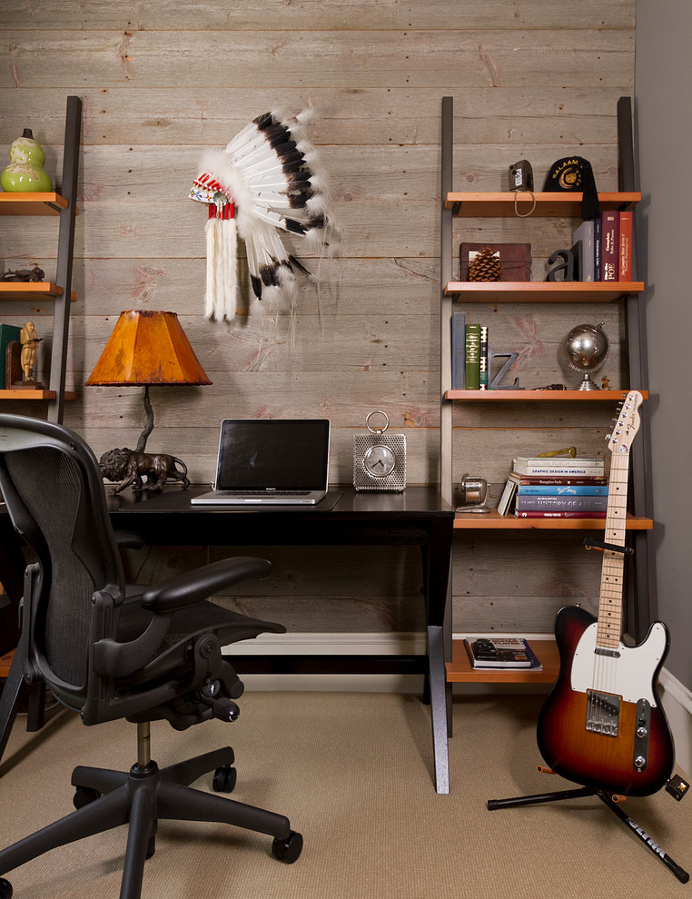 Trendy freestanding desk carpeted home office photo in Minneapolis with gray walls
