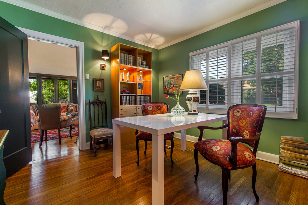 Medium sized traditional study in Salt Lake City with green walls, medium hardwood flooring and a freestanding desk.