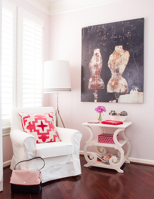 This is an example of a large contemporary home studio in Houston with pink walls.
