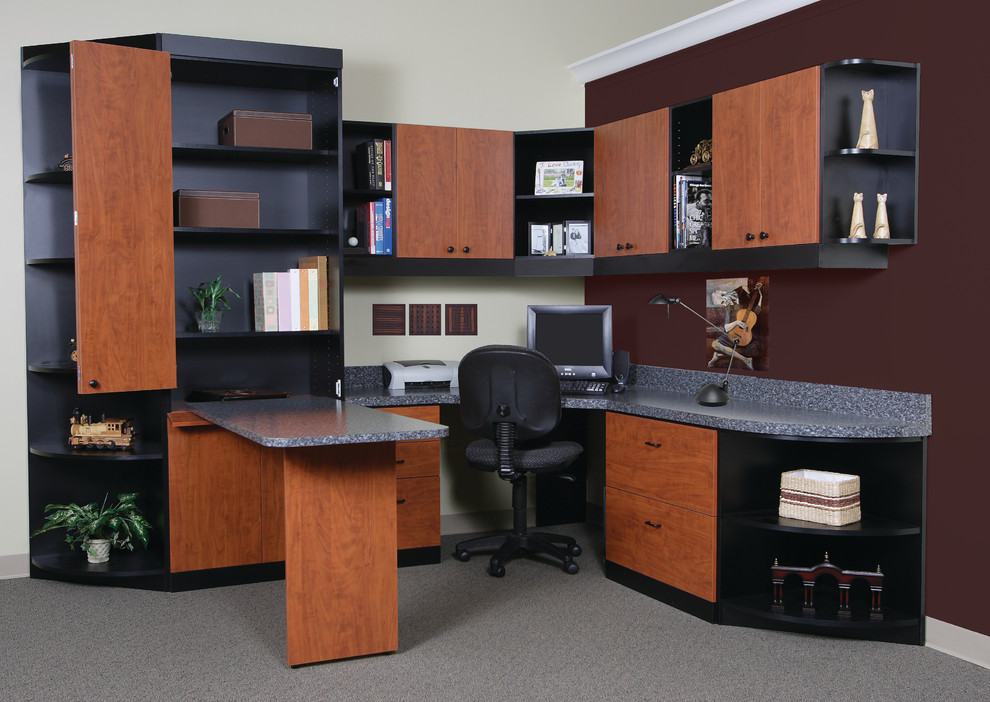 Example of a mid-sized trendy built-in desk carpeted study room design in Tampa with beige walls and no fireplace