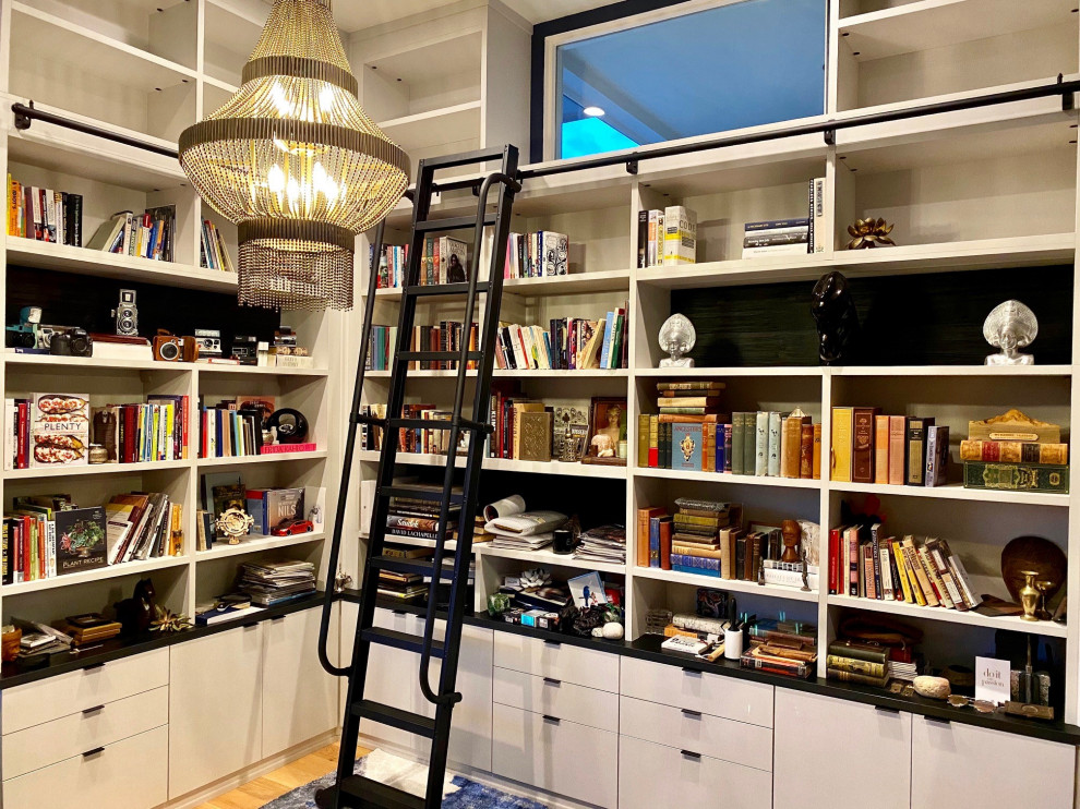 Idéer för ett mellanstort modernt arbetsrum, med ett bibliotek