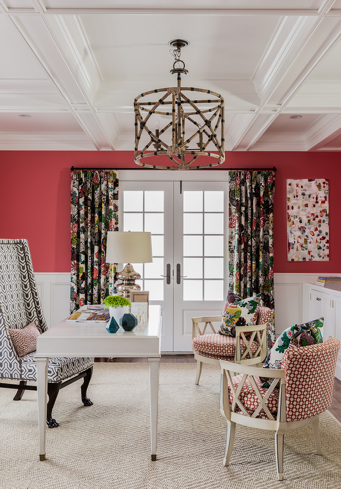 Inspiration for a coastal freestanding desk home office remodel in Boston with red walls