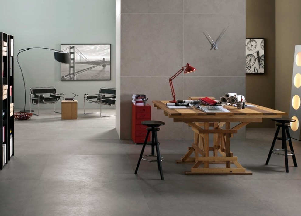 Exemple d'un bureau moderne avec un mur gris, un sol en carrelage de porcelaine et un bureau indépendant.