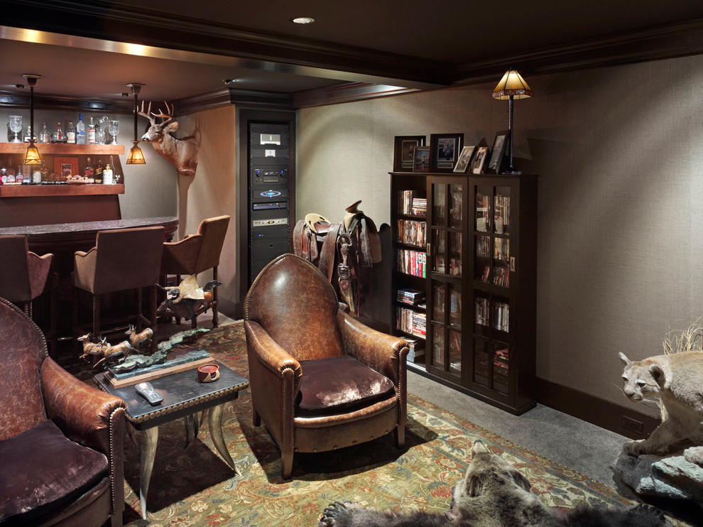 Home office - mid-sized rustic carpeted and gray floor home office idea in Seattle with gray walls