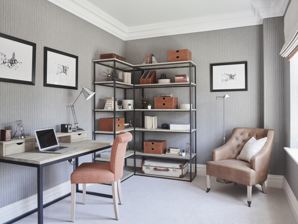 Home office - transitional freestanding desk carpeted and gray floor home office idea in Buckinghamshire with gray walls