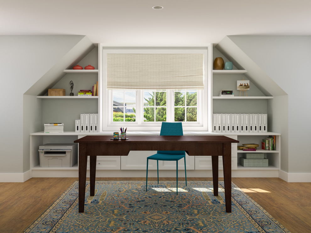 Inspiration för ett mellanstort vintage arbetsrum, med grå väggar, mellanmörkt trägolv, ett fristående skrivbord och gult golv