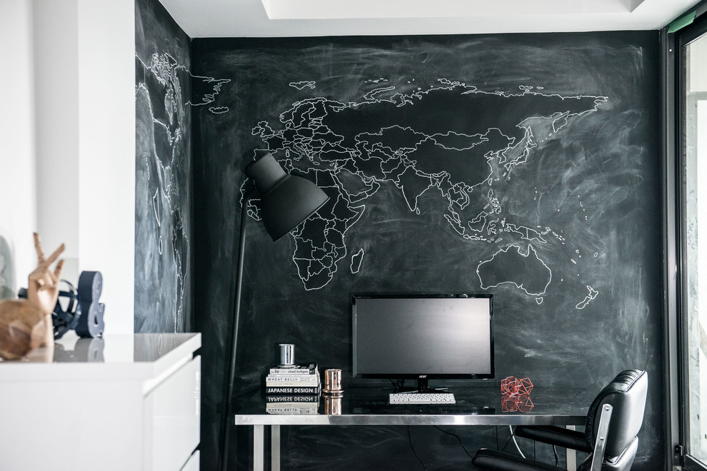 Urban freestanding desk study room photo in Toronto with black walls