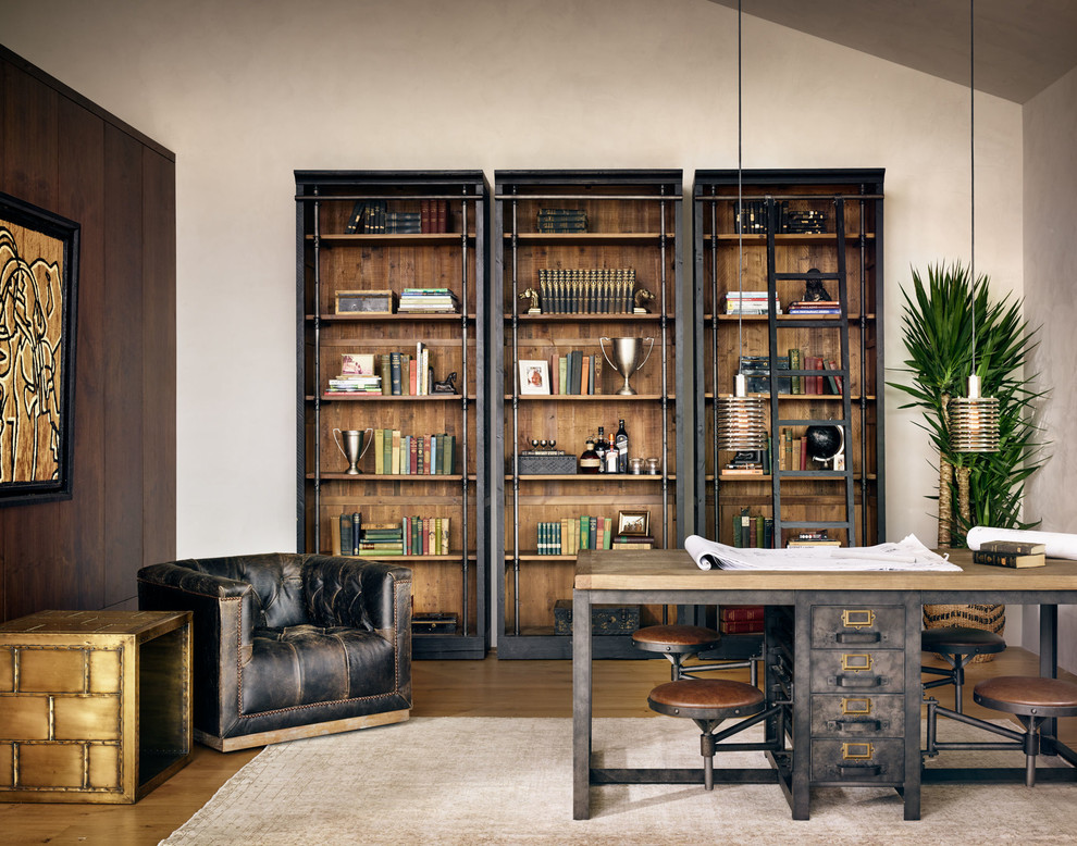 Home studio - mid-sized industrial freestanding desk home studio idea in Charlotte with white walls and no fireplace