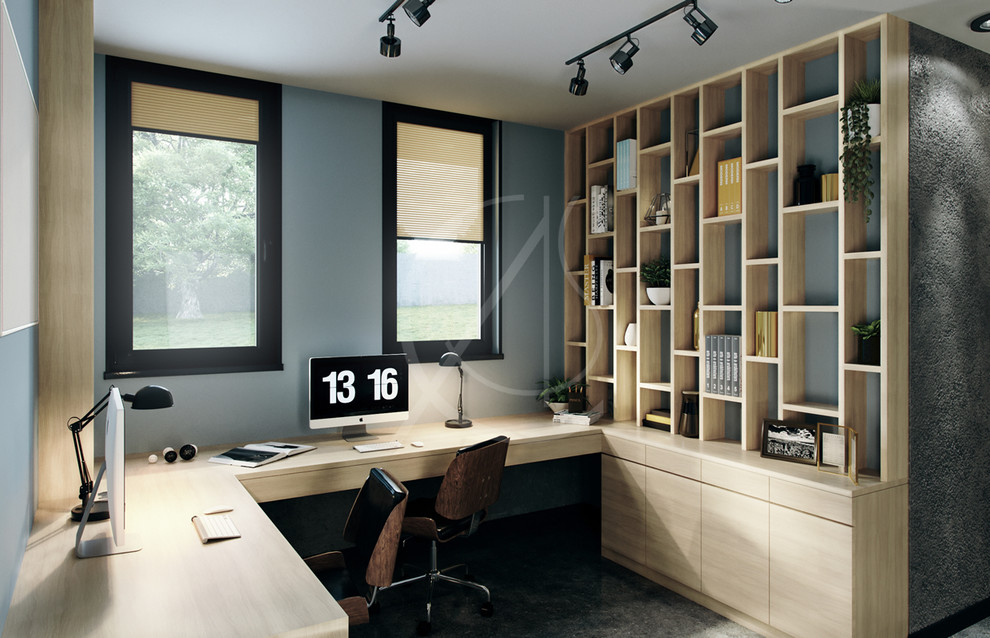 Mittelgroßes Industrial Arbeitszimmer mit Arbeitsplatz, grauer Wandfarbe, Einbau-Schreibtisch, grauem Boden und Betonboden in London