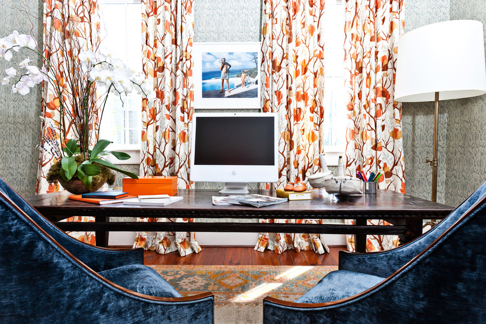 Photo of a bohemian home office in Charleston with medium hardwood flooring and a freestanding desk.