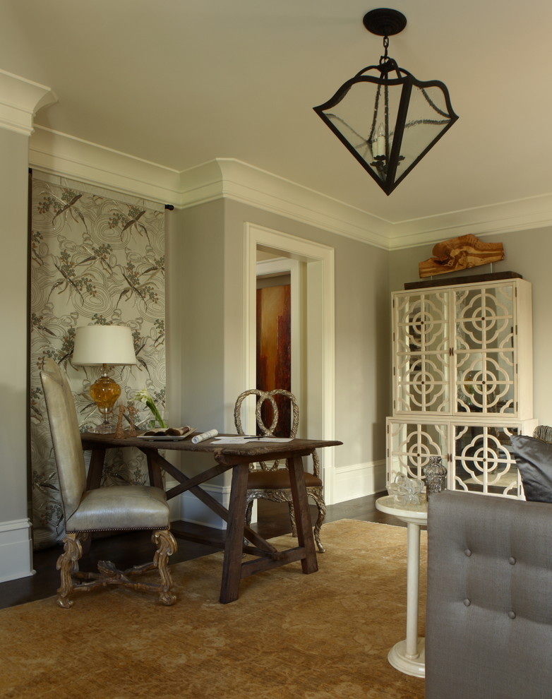Inspiration for a timeless freestanding desk dark wood floor home office remodel in Atlanta with gray walls