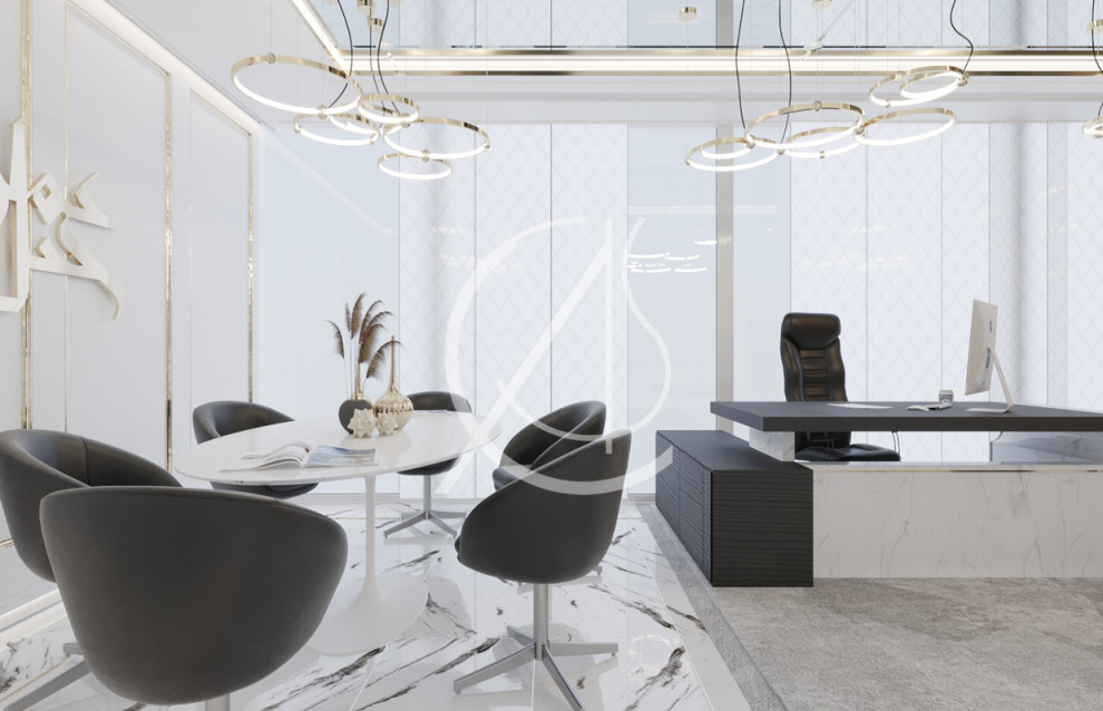 Exemple d'un bureau tendance avec un mur blanc, un sol en marbre, un bureau indépendant et un sol blanc.