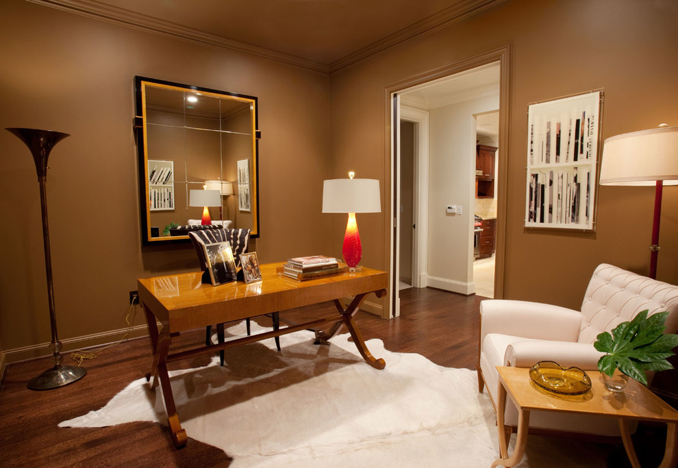 Photo of a small traditional study in Dallas with dark hardwood flooring and a freestanding desk.