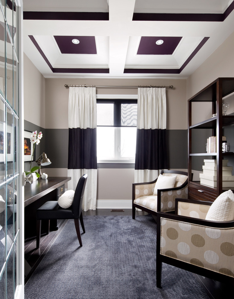 Example of a transitional freestanding desk dark wood floor home office design in Toronto with gray walls