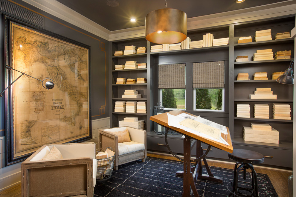 Mid-sized transitional freestanding desk medium tone wood floor home office photo in Columbus with gray walls