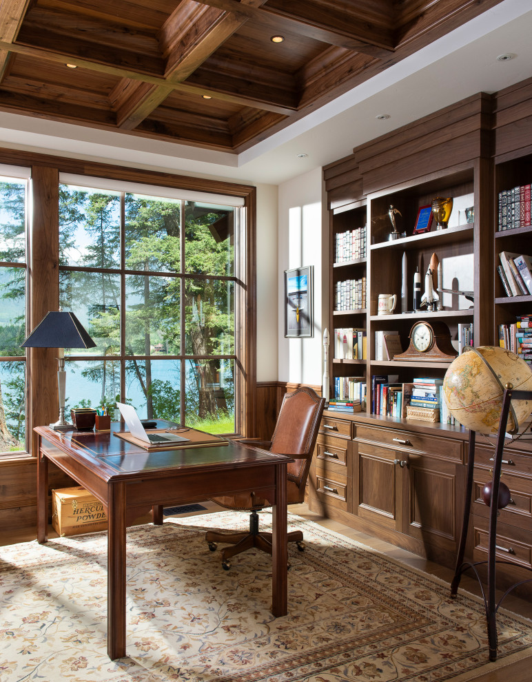 Photo of a classic study in Other with white walls, medium hardwood flooring, a freestanding desk, brown floors, a coffered ceiling, a wood ceiling, wainscoting and a dado rail.