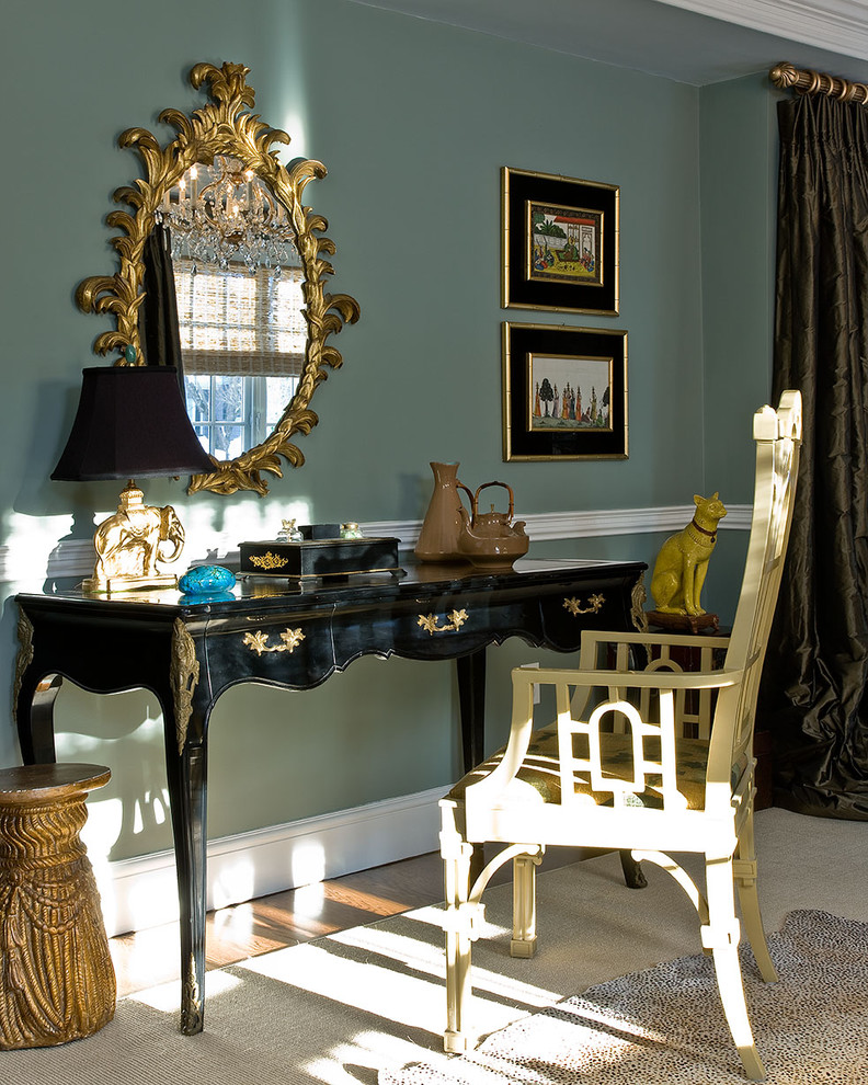 Example of a transitional home office design in Boston