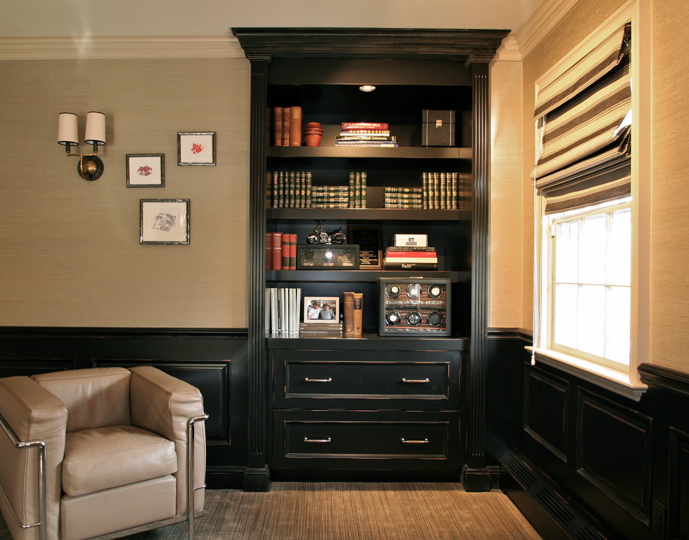 Источник вдохновения для домашнего уюта: кабинет среднего размера в современном стиле с серыми стенами, ковровым покрытием и встроенным рабочим столом