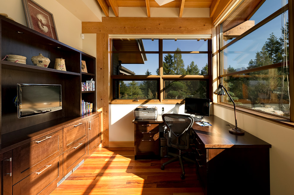 Источник вдохновения для домашнего уюта: кабинет в современном стиле с бежевыми стенами и паркетным полом среднего тона