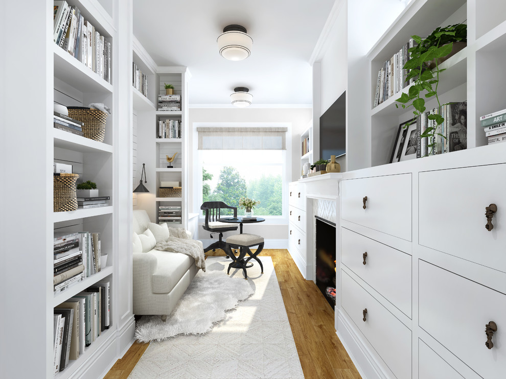 Exemple d'un petit bureau tendance avec une bibliothèque ou un coin lecture, un mur gris, parquet clair, une cheminée standard, un manteau de cheminée en carrelage et un sol beige.
