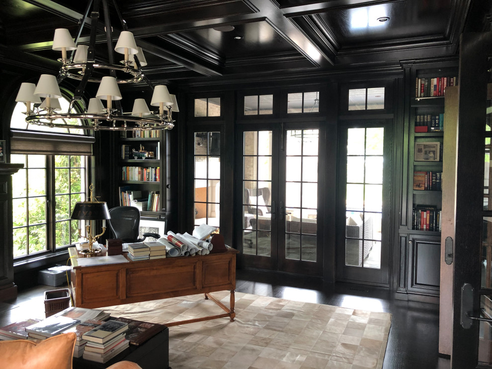 Inspiration for a huge timeless freestanding desk dark wood floor and brown floor home office library remodel in Chicago with brown walls, a standard fireplace and a wood fireplace surround