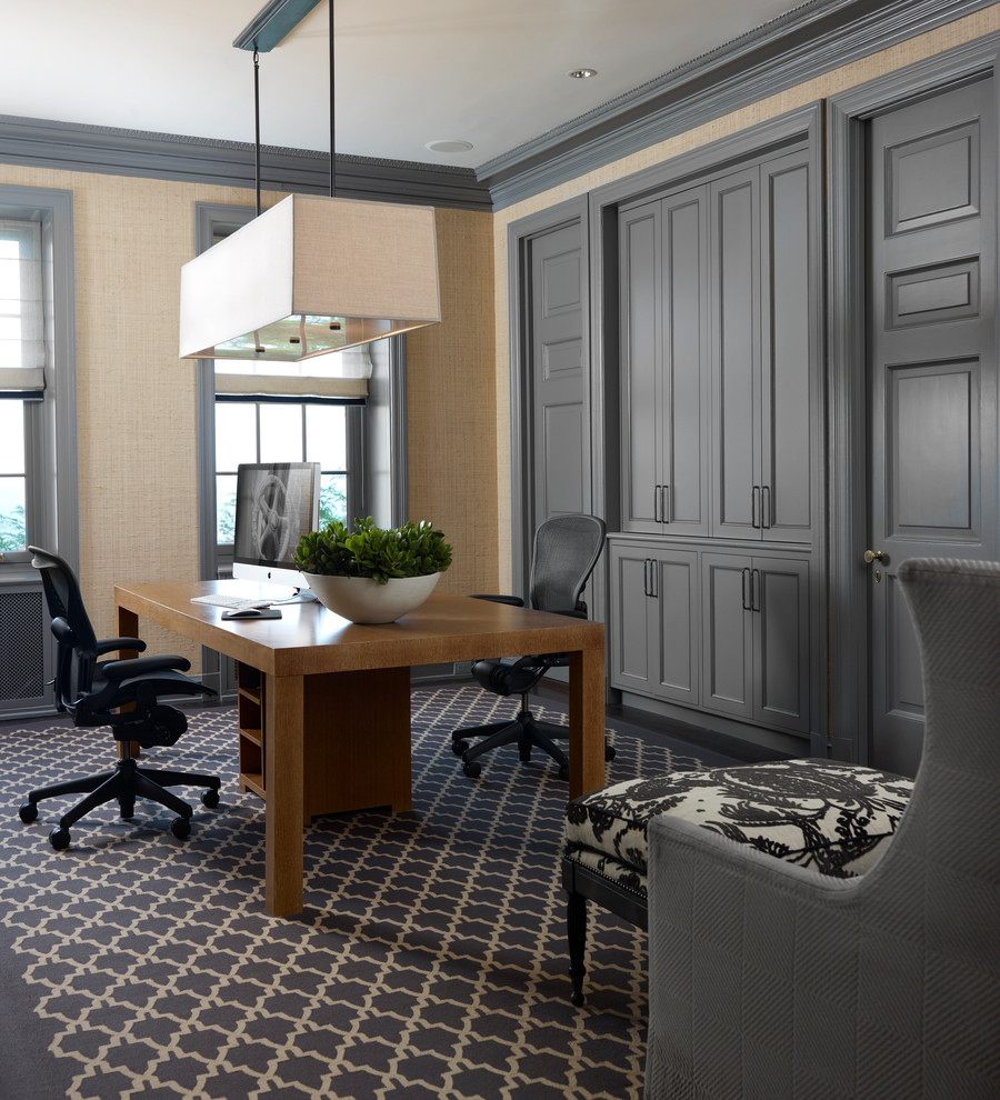 Traditional home office in Chicago with grey walls.