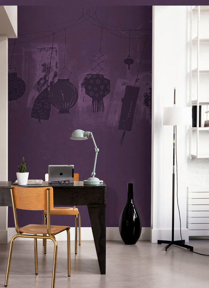 Design ideas for a medium sized modern study in Toronto with purple walls and a freestanding desk.